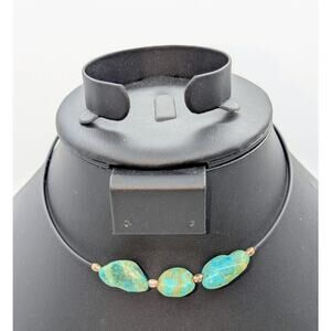 Vtg 70s Boho Blue Stone 925 Sterling Bead Black Cord Adjustable Choker Necklace